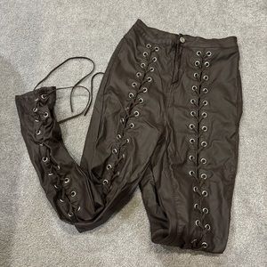 brown lace up leather pants